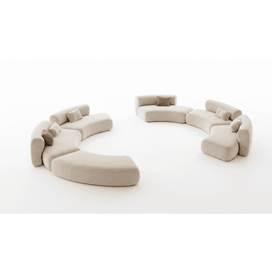 A large, contemporary modular sofa system composed of several curved seating units, upholstered in light beige fabric, designed for flexible arrangement in a lounge setting. — 3D model (AI enhanced source)