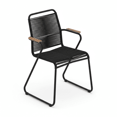 A modern armchair featuring a black powder-coated tubular metal frame. The seat and backrest are constructed from tightly woven black cord or rope, providing a flexible and supportive surface. The armrests are topped with small, smooth wooden caps, adding a touch of natural material. The chair rests on a sled-style base, creating a sleek and contemporary profile. — 3D model (AI enhanced source)