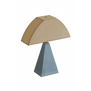A modern table lamp featuring a striking pyramid-shaped base in a light blue-grey color and a distinct, curved half-moon shade in a beige/tan hue. — 3D model (AI enhanced source)