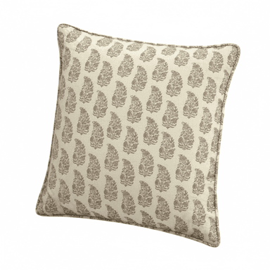A square throw pillow featuring a repeated stylized floral or paisley-like pattern in muted pink and greenish-brown tones on an off-white or cream-colored fabric. The pillow has piped edges in a coordinating color. — 3D model (AI enhanced source)