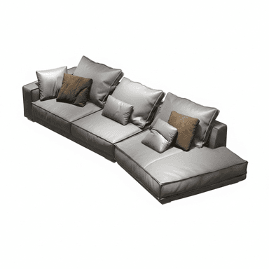 A modern L-shaped sectional sofa upholstered in a light grey leather or high-quality faux leather, featuring plush, soft cushions and contrasting accent pillows. The sofa has a low-profile design with distinct piping along the edges of the cushions and frame. — 3D model (AI enhanced source)