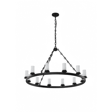 A black circular chandelier with a rustic or traditional design, suspended by a heavy-duty black chain. It features twelve cylindrical frosted glass shades arranged around the perimeter of the circular frame. The structure is made of metal with visible links in the chain and supporting arms. — 3D model (AI enhanced source)
