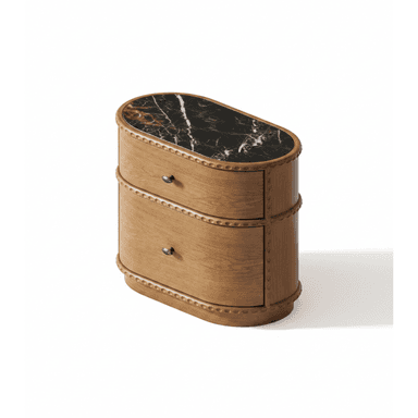 A small, oval-shaped wooden nightstand featuring two drawers and a black marble top with white veining. It has decorative beaded trim along the edges and between the drawers. — 3D model (AI enhanced source)