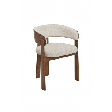 A contemporary dining armchair featuring a curved wooden frame that integrates the armrests and backrest, paired with a light-colored fabric upholstered seat and inner back. — 3D model (AI enhanced source)
