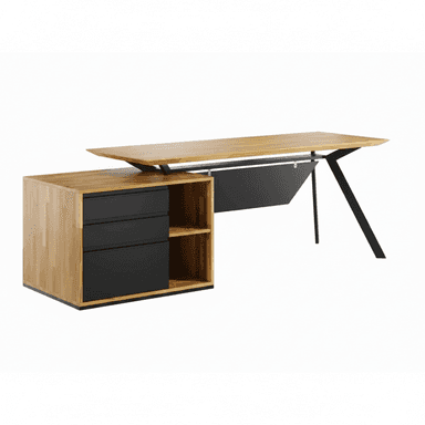 A modern L-shaped desk with a wooden countertop and black drawer units. The desk features a cantilevered section supported by a black metal leg structure. The left side of the desk includes a set of three black drawers and an open shelving unit. — 3D model (AI enhanced source)