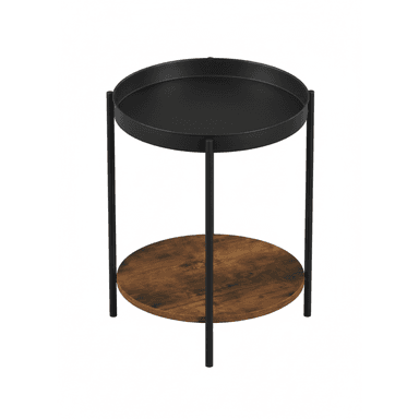A compact round side table featuring a two-tier design. The top tier is a black metal tray with a raised edge, while the lower tier is a circular wooden shelf with a distressed, dark brown finish. Both tiers are supported by a minimalist frame constructed from slender black metal rods. — 3D model (AI enhanced source)