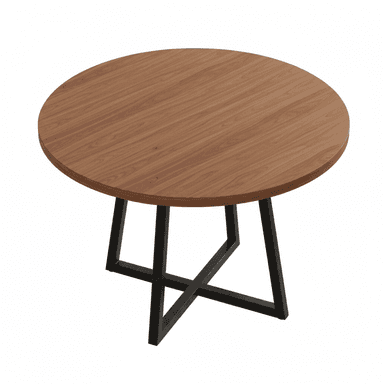 A contemporary round coffee table featuring a warm walnut wood top and a geometric X-shaped base made from black powder-coated steel. The design combines natural wood aesthetics with a modern industrial silhouette. — 3D model (AI enhanced source)