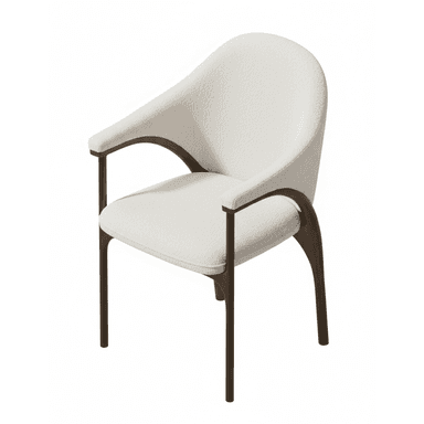 A modern armchair featuring a curved, fully upholstered back and seat in a light, textured boucle fabric, supported by a dark-stained wooden frame with integrated, subtly curved armrests and tapered legs. — 3D model (AI enhanced source)