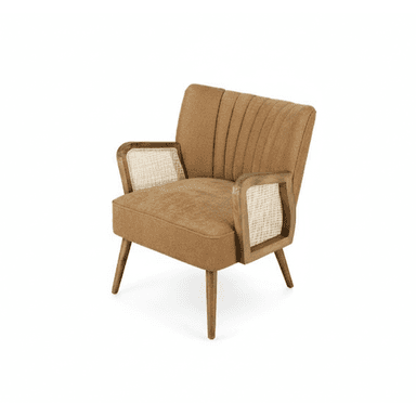 A stylish armchair featuring a cushioned seat and backrest upholstered in a warm brown fabric. The backrest exhibits vertical channel tufting. The armrests are constructed from a light-colored wooden frame with woven cane inserts, complementing the tapered wooden legs. — 3D model (AI enhanced source)