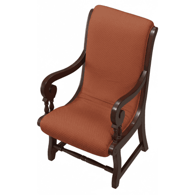 A traditional upholstered armchair featuring a dark-stained carved wood frame and rust-colored patterned fabric. The chair has curved armrests with scroll details at the front, turned elements on the front leg supports, and an upholstered seat and backrest. The backrest is gently curved, contributing to a classic and formal aesthetic. — 3D model (AI enhanced source)