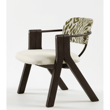 A contemporary armchair featuring a dark brown wooden frame, a cream upholstered seat cushion, and a distinctive curved backrest with a green and white zebra-like pattern. The arms are integrated into the solid wooden structure, and a black metal rod supports the patterned backrest. — 3D model (AI enhanced source)