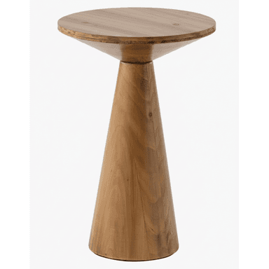 A small, round, light-toned wooden table featuring a circular top and a prominent conical pedestal base. — 3D model (AI enhanced source)