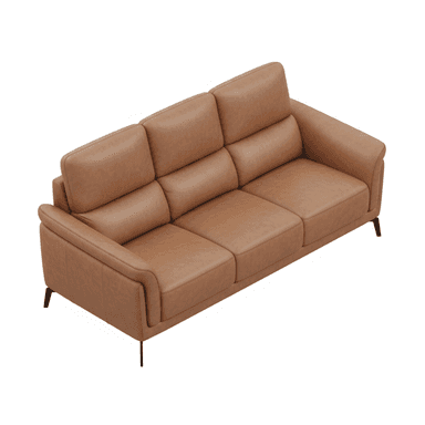 A modern three-seater sofa upholstered in tan leather, featuring segmented back cushions, individual seat cushions, and gently rolled arms. It stands on slender, angled black metal legs. — 3D model (AI enhanced source)