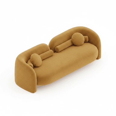 A contemporary asymmetrical chaise lounge featuring a sculptural form, upholstered in a mustard yellow fabric, and accompanied by matching bolster and circular cushions. — 3D model (AI enhanced source)