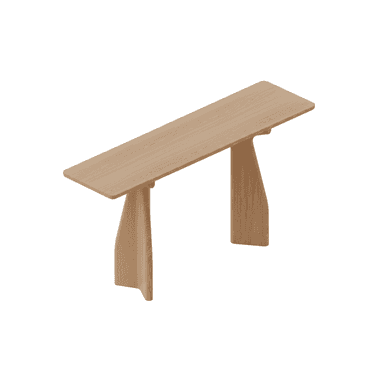 A minimalist wooden bench crafted from light-colored wood, likely oak or ash, featuring a rectangular top with subtly rounded edges. The bench is supported by two distinctively shaped, thick slab legs that are positioned inward from the ends, providing a stable and sculptural base. The overall aesthetic is clean and contemporary. — 3D model (AI enhanced source)