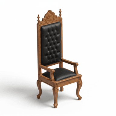 A highly ornate, traditional style armchair featuring a tall, upholstered backrest and seat. The wooden frame is intricately carved with decorative motifs, especially prominent on the crest rail of the back and the cabriole legs. The upholstery appears to be black tufted faux leather, contrasting with the rich brown wood finish. The chair has padded armrests and finials on the top corners of the backrest, contributing to its ceremonial or formal aesthetic. — 3D model (AI enhanced source)