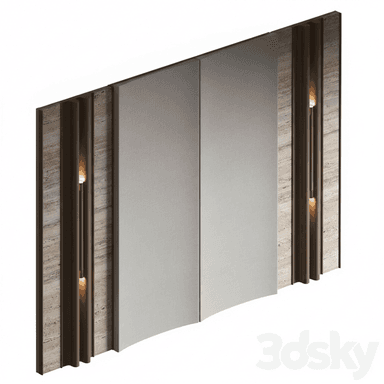 A contemporary panelized headboard system featuring central upholstered fabric panels, flanked by vertical sections with fluted dark wood accents, set against a natural marble or stone background. Integrated vertical lighting elements are present within the wooden sections. — 3D model (AI enhanced source)