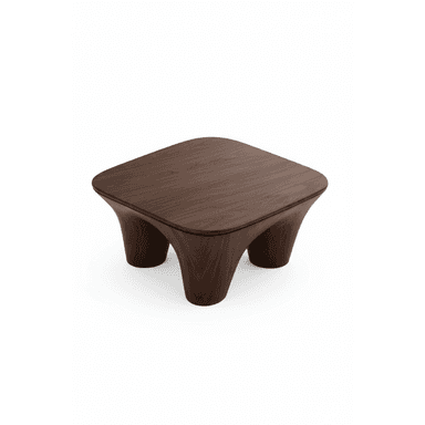 A low-profile, square-shaped coffee table with rounded corners. It features a dark wood finish with a prominent grain pattern. The table has a unique base structure with four flared legs that curve inwards towards the tabletop, creating a sculptural aesthetic. The surface appears smooth and solid. — 3D model (AI enhanced source)