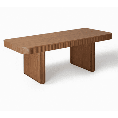 A rectangular dining table crafted from wood, featuring prominent vertical fluting on its broad pedestal bases and along the sides of the tabletop. The tabletop has subtly rounded corners. — 3D model (AI enhanced source)