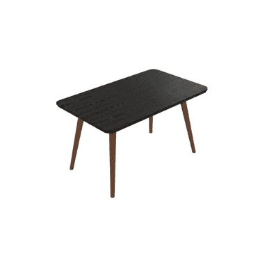 A rectangular dining table featuring a black wood-grain finished top with softly rounded corners. The tabletop appears to be extendable, indicated by visible seams. It stands on four splayed and tapered legs crafted from a contrasting brown wood. — 3D model (AI enhanced source)