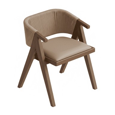 A contemporary armchair featuring a solid wood frame, a curved backrest with tightly woven natural rope, and a padded, upholstered seat cushion. — 3D model (AI enhanced source)