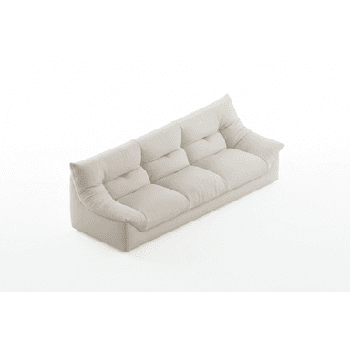 A modern three-seater sofa with plump, integrated cushions, upholstered in a light beige or off-white fabric, presented on a white background. — 3D model (AI enhanced source)