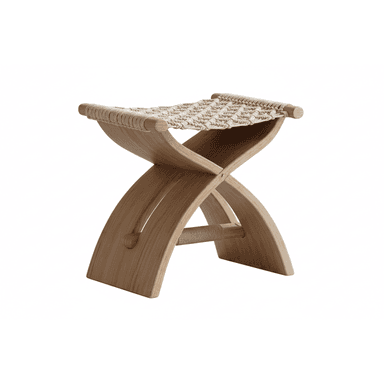A light wood X-frame stool with a woven rope seat. The frame features curved legs and a wrapped stretcher bar. The overall aesthetic is natural and minimalist. — 3D model (AI enhanced source)