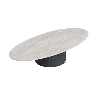 An oval-shaped coffee table featuring a white and grey veined marble top supported by a dark grey, cylindrical pedestal base. The design is contemporary and minimalist, emphasizing clean lines and contrasting materials. — 3D model (AI enhanced source)