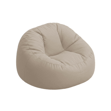 A single modern bean bag chair with a smooth, soft textile covering in a light beige or off-white color. The chair has a typical pear-like or teardrop shape, designed to conform to the user's body. It appears plump and well-filled, with subtle folds indicating the flexible nature of its construction. The simple design emphasizes comfort and casual seating. — 3D model (AI enhanced source)