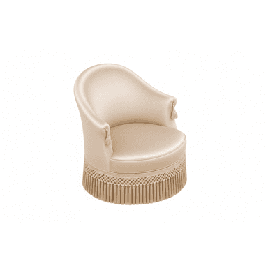 A compact, rounded armchair upholstered in a smooth, light beige fabric, featuring small integrated armrests with decorative tassels and a deep fringed skirt covering the base. — 3D model (AI enhanced source)