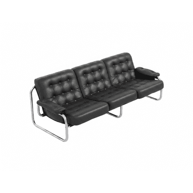 A three-seater sofa featuring black button-tufted leather upholstery and a polished chrome tubular steel frame. The cushions are generously padded, and the armrests are integrated into the frame structure with matching leather padding. The design suggests a mid-century modern aesthetic, emphasizing both comfort and a sleek profile. — 3D model (AI enhanced source)