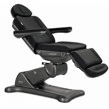 A modern electric reclining treatment chair, featuring black faux leather upholstery over thickly padded sections, including a headrest, backrest, seat, armrests, and an articulated leg rest. The chair is supported by a substantial dark gray base with integrated electronic controls for various adjustments. The design emphasizes ergonomic positioning for professional settings. — 3D model (AI enhanced source)