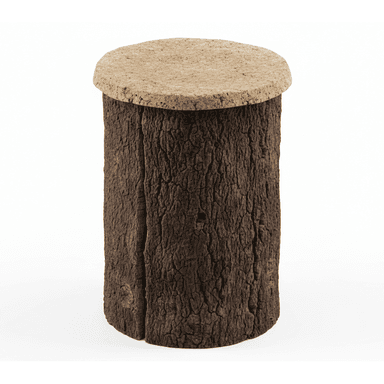 A cylindrical stool with a textured, bark-like exterior and a flat, circular cork top. — 3D model (AI enhanced source)