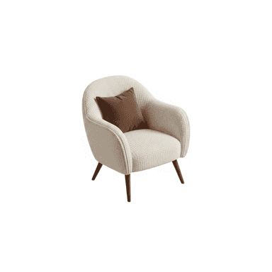 A contemporary armchair featuring a rounded, inviting silhouette, upholstered in a textured cream-colored fabric. It has slightly flared, dark brown tapered wooden legs and includes a square brown accent cushion for added comfort and contrast. — 3D model (AI enhanced source)