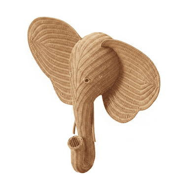 A natural-toned decorative wall sculpture in the shape of an elephant's head, intricately woven from wicker or rattan. The piece features large, flared ears and a distinctive, curled trunk, all crafted with visible woven texture, suggesting it is designed for wall mounting as a decorative accent. — 3D model (AI enhanced source)