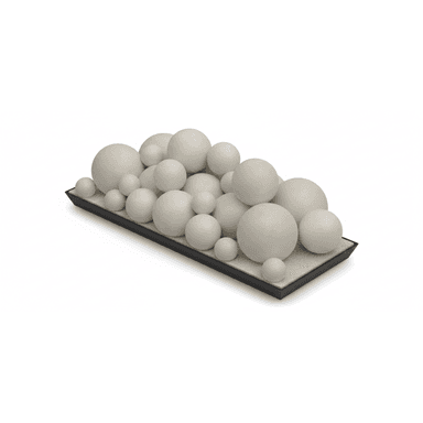 A decorative object featuring an arrangement of numerous spherical elements of varying sizes, set within a shallow, dark rectangular tray. The spheres are uniformly light-colored with a matte finish, creating a clustered, abstract form. — 3D model (AI enhanced source)