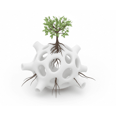 A rendered image of an abstract spherical planter, predominantly white, featuring numerous circular cutouts and tubular protrusions. A small plant with visible roots is integrated into the structure, with its roots extending through the perforations and its green foliage emerging from the top. — 3D model (AI enhanced source)