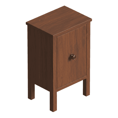 A wooden nightstand with a single cabinet door and a circular knob. It has a flat top and stands on four legs. — 3D model (AI enhanced source)