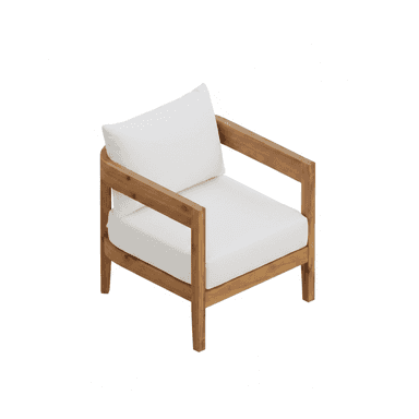 A modern lounge chair featuring a sturdy, rectilinear wooden frame and thick, white upholstered cushions for both the seat and back. — 3D model (AI enhanced source)