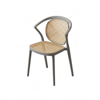A contemporary armchair featuring a grey molded frame with integrated armrests and legs, complemented by natural woven cane seat and back panels. — 3D model (AI enhanced source)