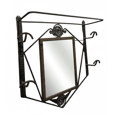 A vintage Art Deco wall-mounted hall tree crafted from forged iron, featuring an integrated rectangular mirror, multiple coat hooks, and an upper shelf. The iron frame exhibits geometric patterns and decorative scrollwork, finished in a dark, textured tone. The mirror is centrally placed within the ornate iron structure. — 3D model (AI enhanced source)
