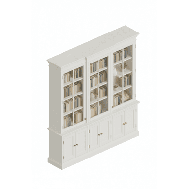 A tall, white wooden bookcase with glass-fronted upper shelves displaying books and decorative items, and solid paneled doors on the lower section. The bookcase features multiple compartments for storage and display, with gold-toned hardware on the doors. — 3D model (AI enhanced source)