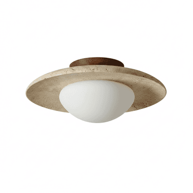 A semi-flush mount ceiling light featuring a natural travertine-like stone disc, a contrasting wooden mounting base, and a spherical white frosted glass diffuser. — 3D model (AI enhanced source)