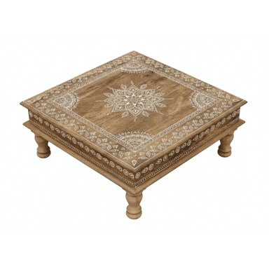 A low, square wooden accent table featuring intricate white mandala and border patterns on its top surface. It is supported by four turned, short legs. — 3D model (AI enhanced source)