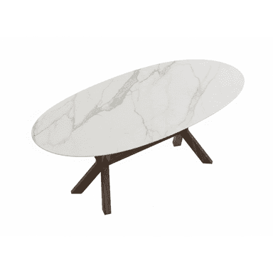 An elegant modern dining table featuring an oval white marble top with prominent grey veining, supported by a splayed dark wood base. The legs are angled outwards from a central point, giving the table a contemporary and stable appearance. The finish of the table appears pristine. — 3D model (AI enhanced source)