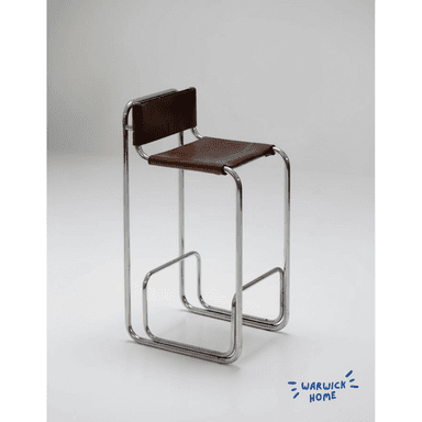 A high-seated bar stool featuring a continuous frame constructed from bent tubular chrome and a seat and backrest upholstered in brown leather, exhibiting a minimalist, modernist aesthetic. — 3D model (AI enhanced source)