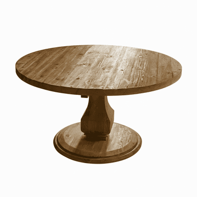A round dining table with a pedestal base. The tabletop is constructed from multiple wooden planks joined together, exhibiting a rustic texture with visible grain patterns and knots. The pedestal base has a substantial, carved appearance, tapering from a wide circular foot to a narrower column supporting the tabletop. The overall aesthetic suggests a rustic or farmhouse style. — 3D model (AI enhanced source)