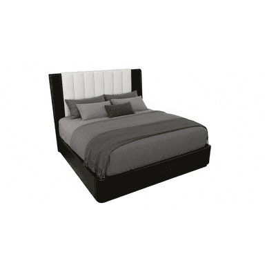 A modern platform bed featuring a distinctive two-tone headboard with vertical channel tufting. The central white upholstered section contrasts with the black upholstered side panels and matching black low-profile bed frame. The bed is presented with gray bedding. — 3D model (AI enhanced source)