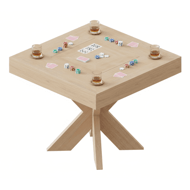 A modern square game table constructed from light oak wood, featuring a distinctive cross-pedestal base and integrated recesses on the tabletop for holding cards, poker chips, and beverages. The table is set up for a card game. — 3D model (AI enhanced source)