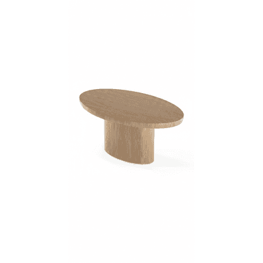 An oval-shaped coffee table crafted from light-toned wood, featuring a thick, solid oval pedestal base that supports an equally substantial oval tabletop. The design is minimalist and modern, showcasing the natural grain of the wood. — 3D model (AI enhanced source)